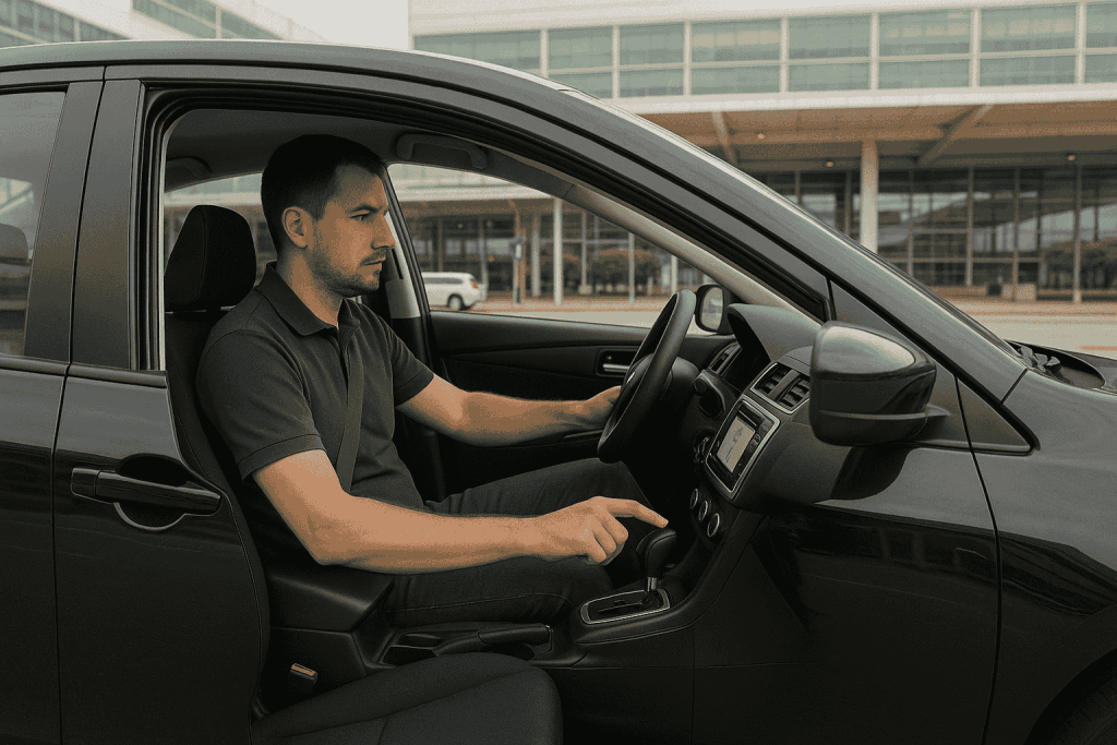 A casually dressed male ride-hailing driver waits at an airport pickup area, seated in a modern economy sedan, ready to navigate using GPS