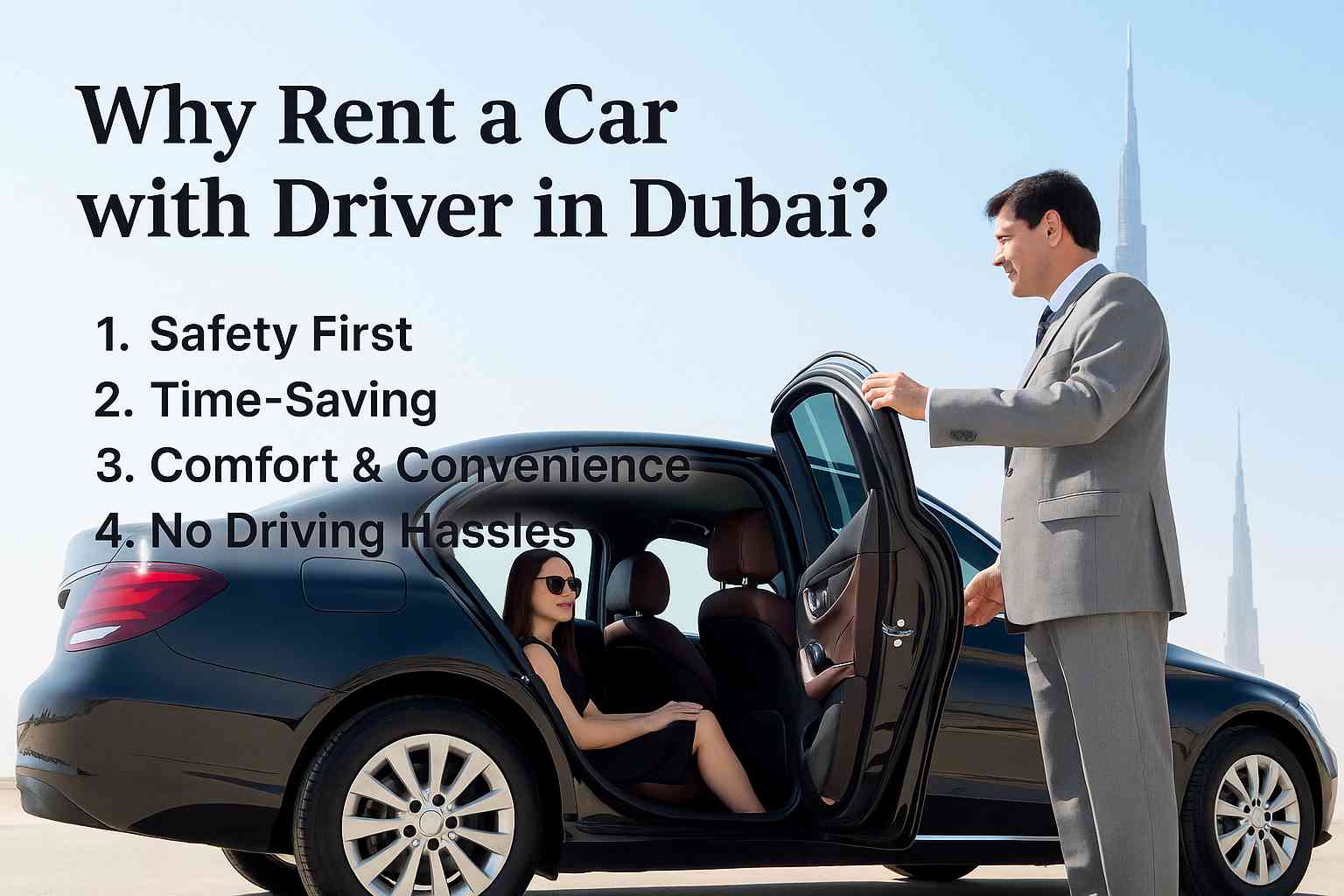 Chauffeur opening car door for a woman in Dubai with Burj Khalifa in background, highlighting benefits of renting a car with driver.
